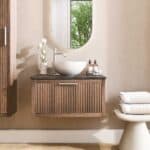 Modern hangend donker eiken badkamermeubel 80 cm met ribbelfront, één lade en granieten blad met witte waskom