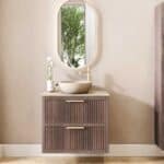 Modern donker eiken badkamermeubel 80 cm met twee lades en limestone blad met witte waskom