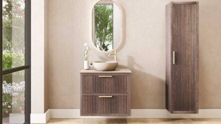 Modern donker eiken badkamermeubel 80 cm met twee lades en limestone blad met witte waskom