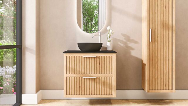 Eiken badkamermeubel 80 cm met twee lades en zwart limestone blad met één waskom