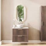 Hangend donker eiken badkamermeubel 80 cm met twee lades en wit marmer blad met witte waskom