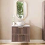 Hangend donker eiken badkamermeubel 80 cm met twee lades en wit marmer blad met witte waskom