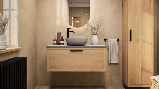Modern naturel eiken badkamermeubel 100 cm met enkele lade, vlak front en grijs limestone blad met witte waskom