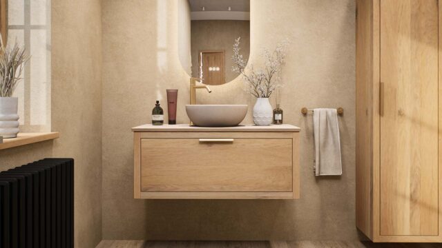 Hangend naturel eiken badkamermeubel 100 cm met enkele lade en limestone blad met witte waskom