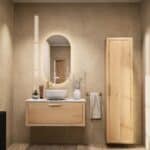 Modern naturel eiken badmeubel 100 cm met één lade en Bianco Carrara marmer blad met waskom