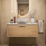 Modern naturel eiken badmeubel 100 cm met één lade en Bianco Carrara marmer blad met waskom