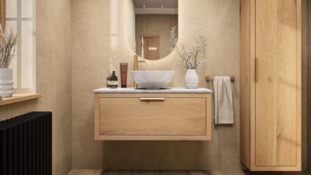 Modern naturel eiken badmeubel 100 cm met één lade en Bianco Carrara marmer blad met waskom
