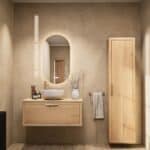 Modern naturel eiken badkamermeubel 100 cm met enkele lade, vlak front en massief eiken blad met witte waskom