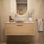 Modern naturel eiken badkamermeubel 100 cm met enkele lade, vlak front en massief eiken blad met witte waskom