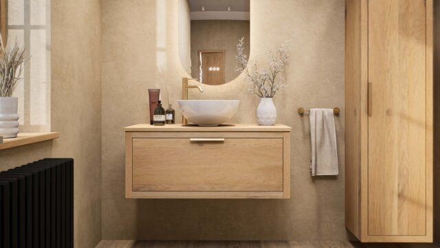 Modern naturel eiken badkamermeubel 100 cm met enkele lade, vlak front en massief eiken blad met witte waskom
