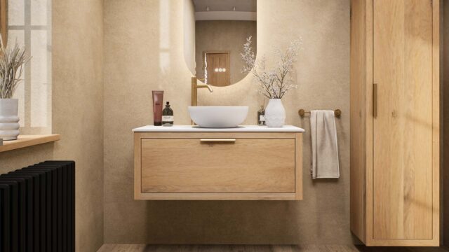 Hangend modern badkamermeubel 100 cm naturel eiken met één lade en solid surface met witte waskom