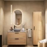 Modern naturel eiken badkamermeubel 100 cm met dubbele lade, vlak front en grijs limestone blad met witte waskom