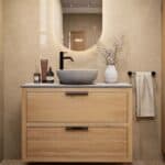 Modern naturel eiken badkamermeubel 100 cm met dubbele lade, vlak front en grijs limestone blad met witte waskom