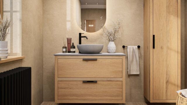Modern naturel eiken badkamermeubel 100 cm met dubbele lade, vlak front en grijs limestone blad met witte waskom