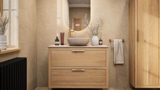 Hangend naturel eiken badkamermeubel 100 cm met dubbele lade en limestone blad met witte waskom