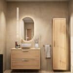 Dit Badkamermeubel uit de New Country serie heeft een vlak front, de onderkast is van massief eiken in de kleur Naturel Eiken in de afmetingen 100x66x45. Het Badkamermeubel bestaat uit de onderkast met 2 lade(s). Op het Badkamermeubel is een Eiken Bl