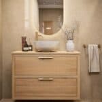 Dit Badkamermeubel uit de New Country serie heeft een vlak front, de onderkast is van massief eiken in de kleur Naturel Eiken in de afmetingen 100x66x45. Het Badkamermeubel bestaat uit de onderkast met 2 lade(s). Op het Badkamermeubel is een Eiken Bl