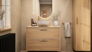 Dit Badkamermeubel uit de New Country serie heeft een vlak front, de onderkast is van massief eiken in de kleur Naturel Eiken in de afmetingen 100x66x45. Het Badkamermeubel bestaat uit de onderkast met 2 lade(s). Op het Badkamermeubel is een Eiken Bl