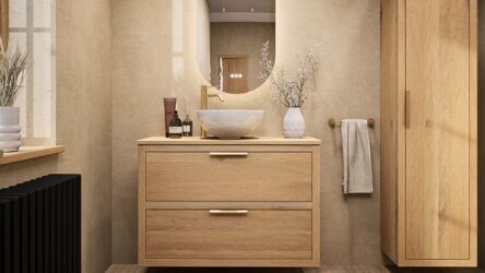 Dit Badkamermeubel uit de New Country serie heeft een vlak front, de onderkast is van massief eiken in de kleur Naturel Eiken in de afmetingen 100x66x45. Het Badkamermeubel bestaat uit de onderkast met 2 lade(s). Op het Badkamermeubel is een Eiken Bl