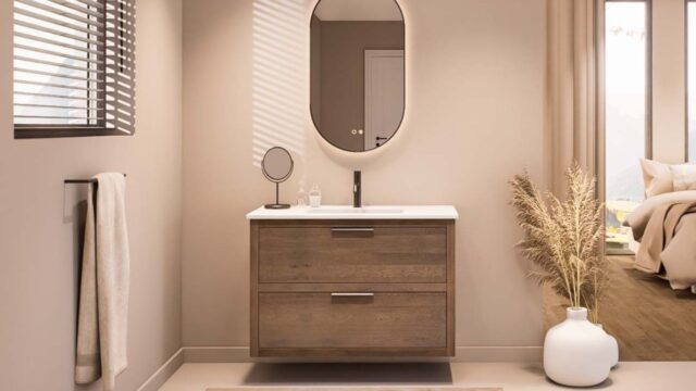 Modern hangend badmeubel 100 cm donker eiken met vlak front en twee softclose lades
