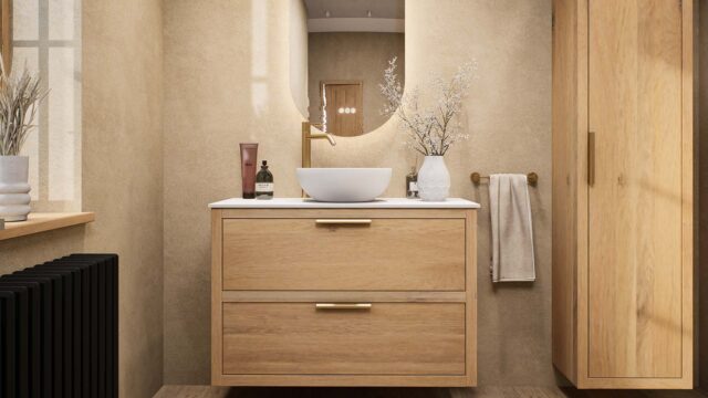 Modern hangend wastafelmeubel 100 cm massief eiken met dubbele lade en solid surface waskom