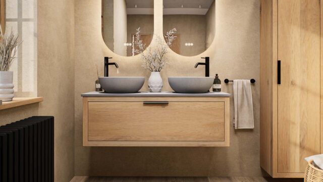 Massief naturel eiken badkamermeubel 120 cm met enkele lade, vlak front en grijs limestone blad met 2 waskommen