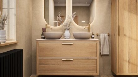 Hangend naturel eiken wastafelmeubel 120 cm met dubbele lade en limestone blad met twee witte waskommen