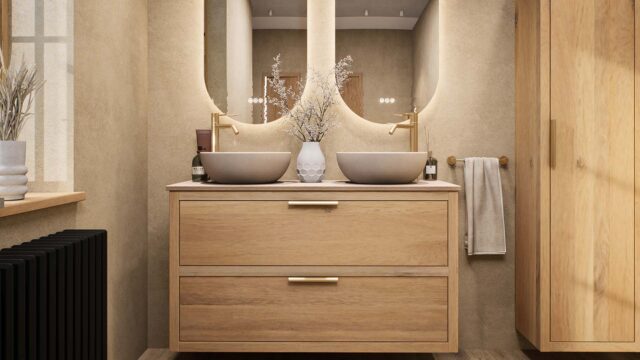 Hangend naturel eiken wastafelmeubel 120 cm met dubbele lade en limestone blad met twee witte waskommen