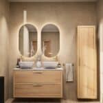 Naturel eiken badkamermeubel 120 cm met dubbele lade en marmer blad met twee keramische waskommen