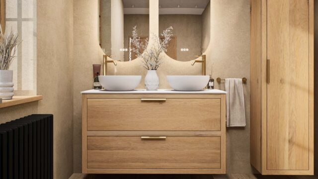 Modern naturel eiken wastafelmeubel 120 cm met dubbele lade en solid surface met twee waskommen