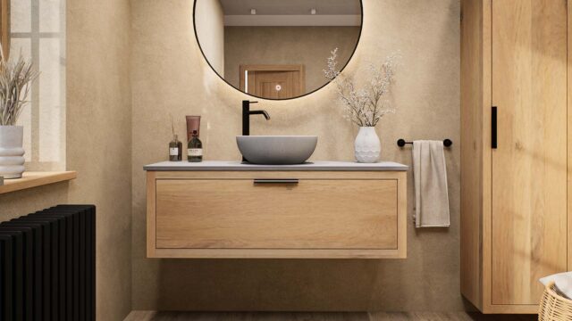 Hangend naturel eiken wastafelmeubel 120 cm met enkele lade en grijs limestone blad met één waskom