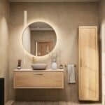 Modern naturel eiken badkamermeubel 120 cm met enkele lade, vlak front en limestone blad met één waskom