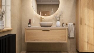 Modern naturel eiken badkamermeubel 120 cm met enkele lade, vlak front en limestone blad met één waskom