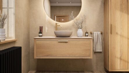 Modern naturel eiken badkamermeubel 120 cm met enkele lade, vlak front en limestone blad met één waskom