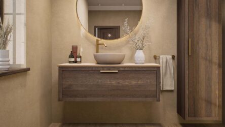 Modern donker eiken badkamermeubel 120 cm met enkele lade, vlak front en limestone blad met één waskom