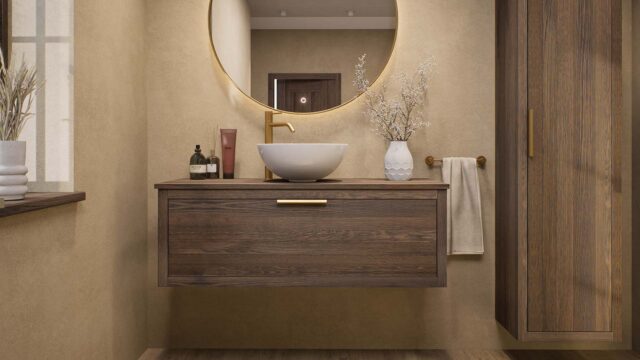 Modern naturel eiken badkamermeubel 120 cm met enkele lade en eiken blad met één waskom