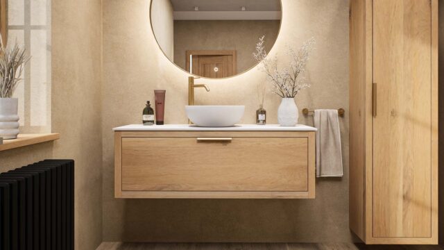 Hangend naturel eiken badmeubel 120 cm met enkele lade, vlak front en solid surface met waskom