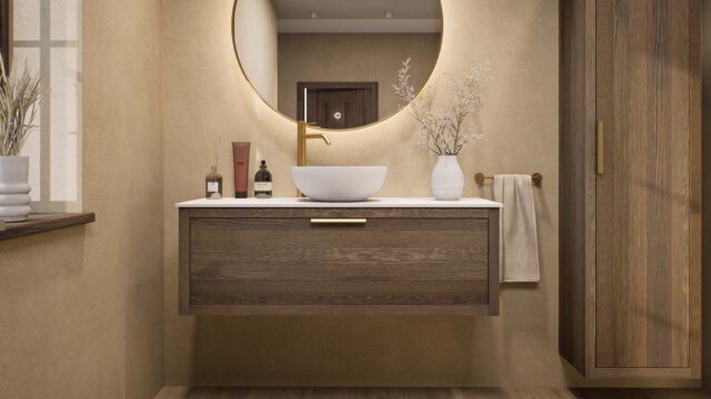 Modern donker eiken badkamermeubel 120 cm met enkele lade, vlak front en solid surface blad met één waskom