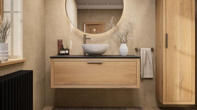 Modern naturel eiken badkamermeubel 120 cm met enkele lade, vlak front en granieten blad met één waskom