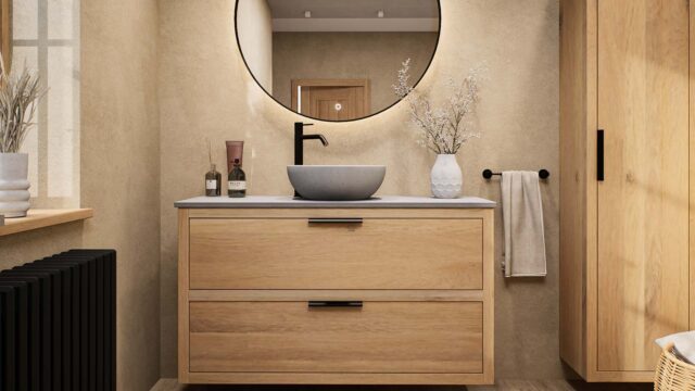 Hangend naturel eiken wastafelmeubel 120 cm met dubbele lade en grijs limestone blad met één waskom