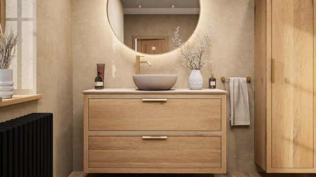 Modern naturel eiken badkamermeubel 120 cm met dubbele lade, vlak front en limestone blad met één waskom