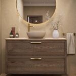 Modern donker eiken badkamermeubel 120 cm met dubbele lade, vlak front en limestone blad met één waskom