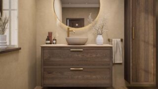 Modern donker eiken badkamermeubel 120 cm met dubbele lade, vlak front en limestone blad met één waskom