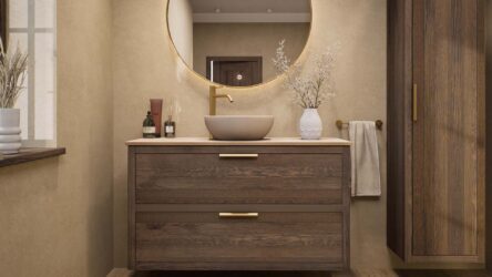 Modern donker eiken badkamermeubel 120 cm met dubbele lade, vlak front en limestone blad met één waskom