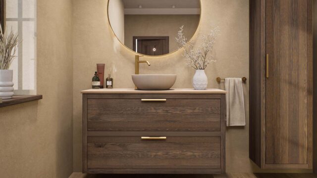 Modern donker eiken badkamermeubel 120 cm met dubbele lade, vlak front en limestone blad met één waskom