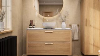 Modern eiken wastafelmeubel 120 cm met twee lades, vlak front en marmer blad met één waskom