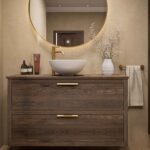 Modern naturel eiken badmeubel 120 cm met dubbele lade, vlak front en eiken blad met één waskom