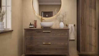 Modern naturel eiken badmeubel 120 cm met dubbele lade, vlak front en eiken blad met één waskom