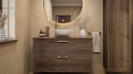 Modern naturel eiken badmeubel 120 cm met dubbele lade, vlak front en eiken blad met één waskom