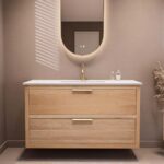 Massief naturel eiken badkamermeubel van 120 cm uit de Kingswood-serie, uitgevoerd met twee ruime lades en inclusief een bijpassende keramische wastafel met 1 bak.